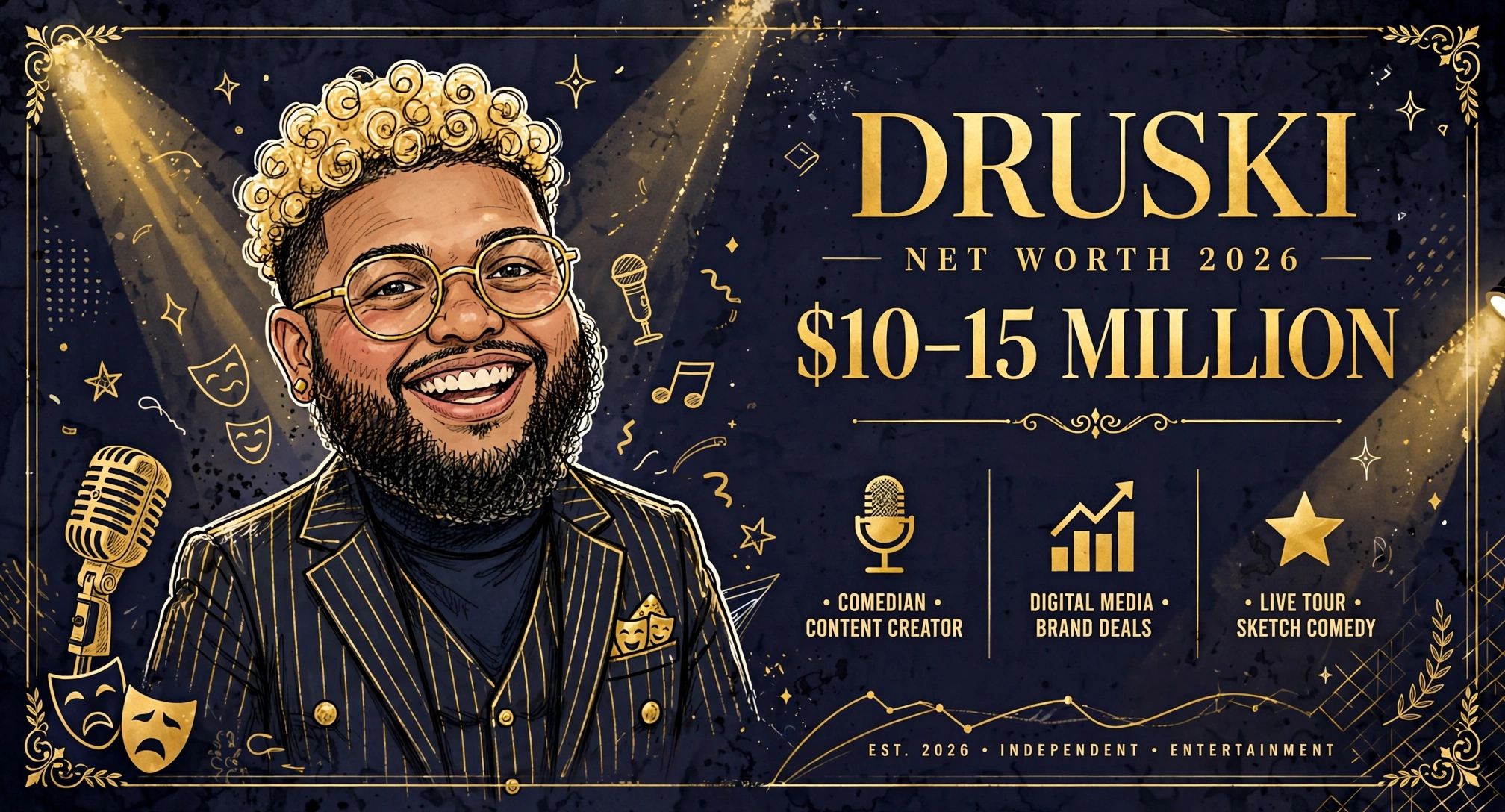 Druski net worth 2026 — estimated $10 to $15 million fortune infographic