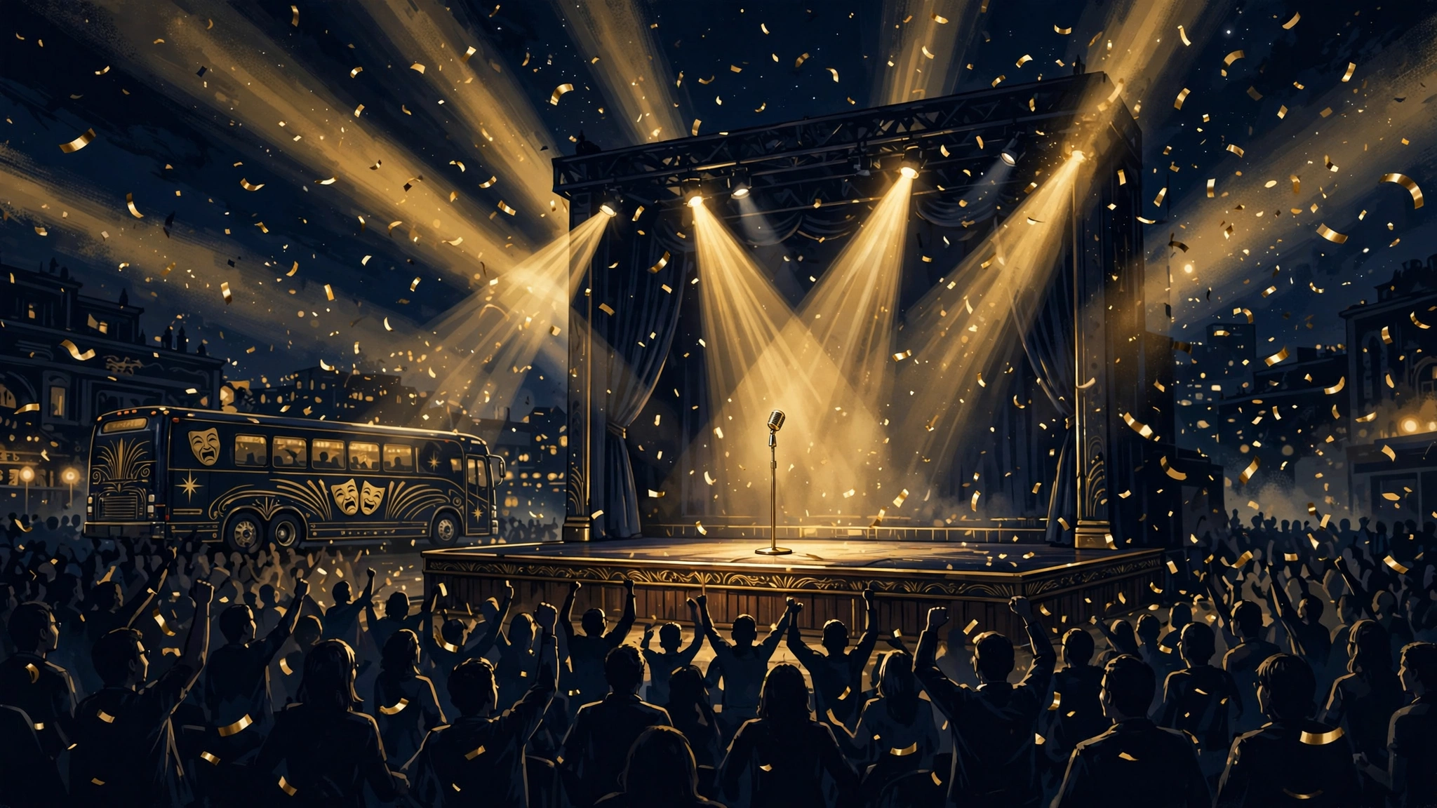 Illustrated comedy arena tour stage at night with golden spotlights and cheering crowd