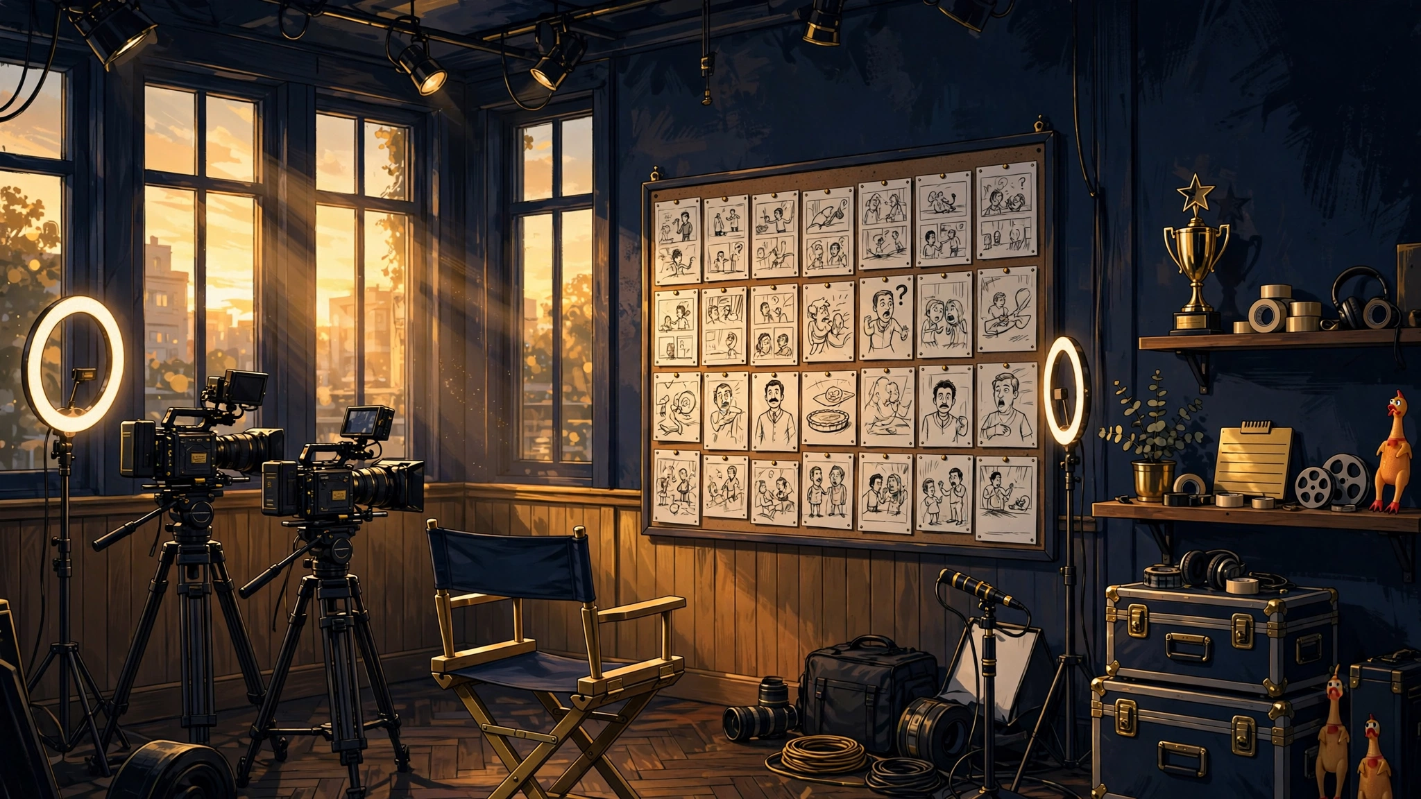 Illustrated YouTube comedy production studio with cameras, ring lights, and award trophy
