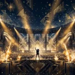 Illustrated concert arena in navy and gold with a singer silhouette on stage, art-deco light beams and confetti over a huge crowd, representing Dua Lipa's $141M Radical Optimism tour