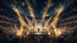 Illustrated concert arena in navy and gold with a singer silhouette on stage, art-deco light beams and confetti over a huge crowd, representing Dua Lipa's $141M Radical Optimism tour