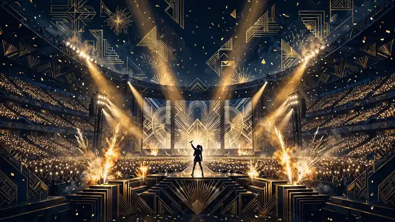 Illustrated concert arena in navy and gold with a singer silhouette on stage, art-deco light beams and confetti over a huge crowd, representing Dua Lipa's $141M Radical Optimism tour