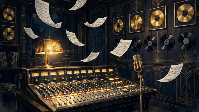 Illustrated vintage recording studio in navy and gold with a mixing console, classic microphone, gold records on the wall and floating sheet music, representing Dua Lipa's Radical22 masters and publishing ownership