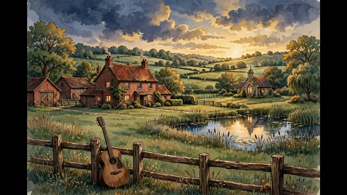 Illustrated Suffolk countryside estate at golden hour with a red-brick farmhouse, barns, a small chapel, a pond, and an acoustic guitar on a fence