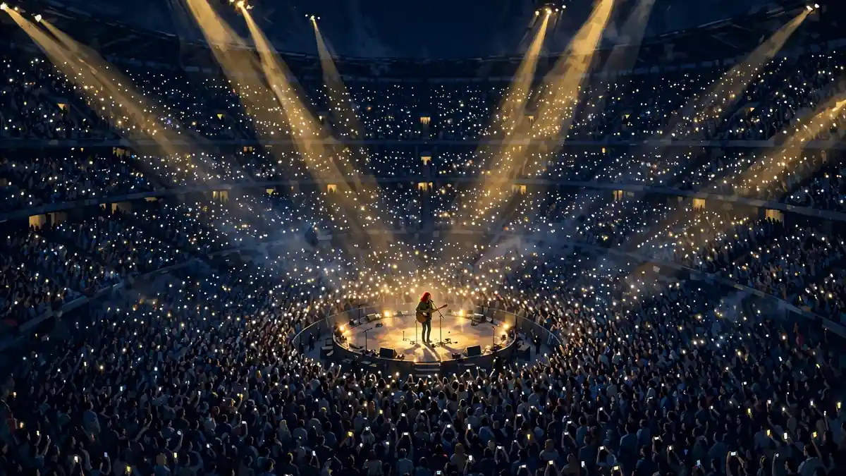 Illustrated stadium concert at night with a lone singer-songwriter on a circular stage under golden spotlights before a huge crowd