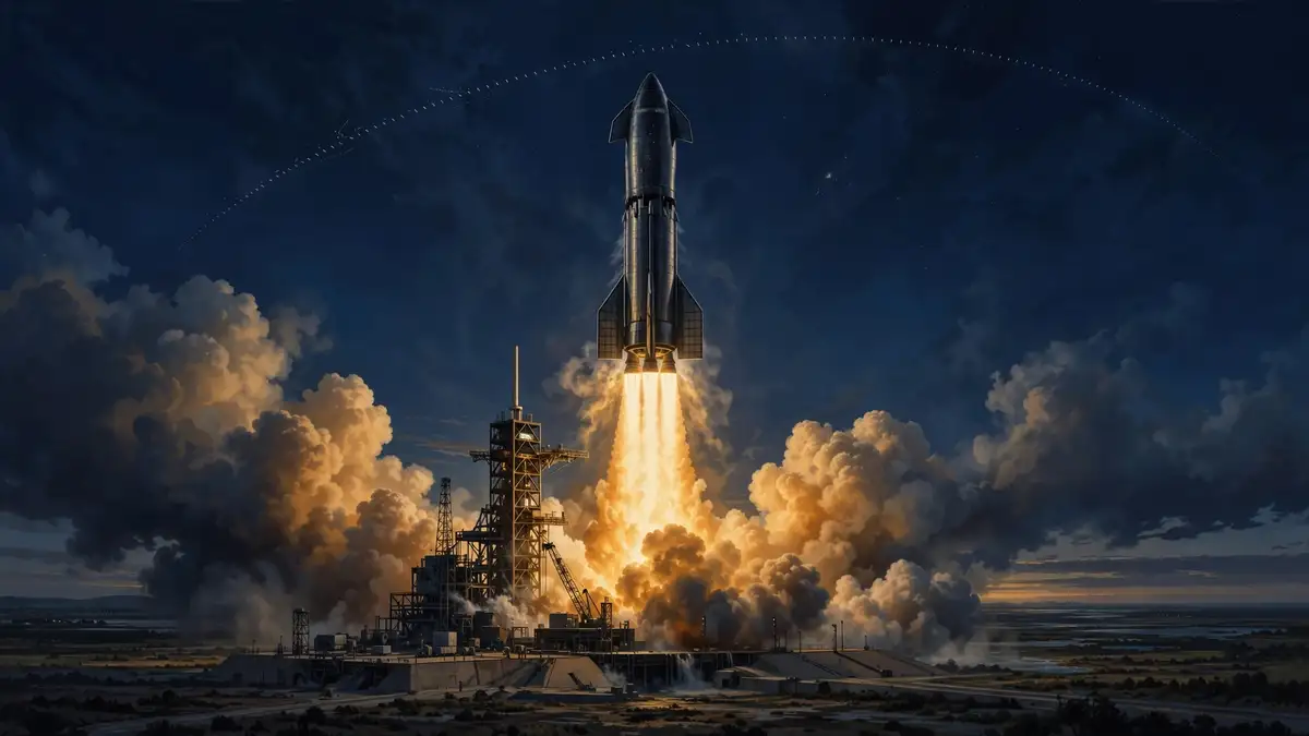 Illustration of a SpaceX Starship rocket lifting off at dawn, carrying Starlink satellites toward orbit