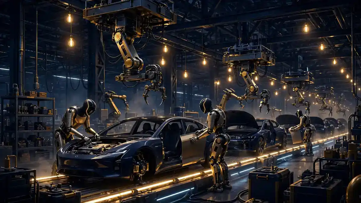 Illustration of humanoid Optimus robots assembling electric cars inside a Tesla gigafactory at night
