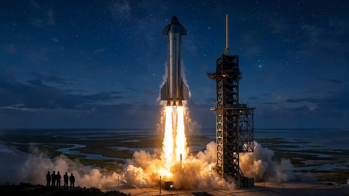 Illustration of a SpaceX Starship rocket lifting off at dusk over the Texas launch site