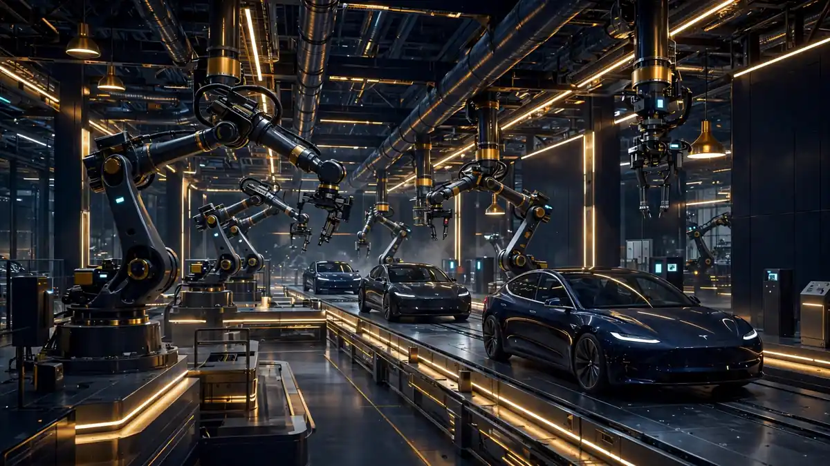Illustration of Tesla electric cars on a gigafactory assembly line with robotic arms