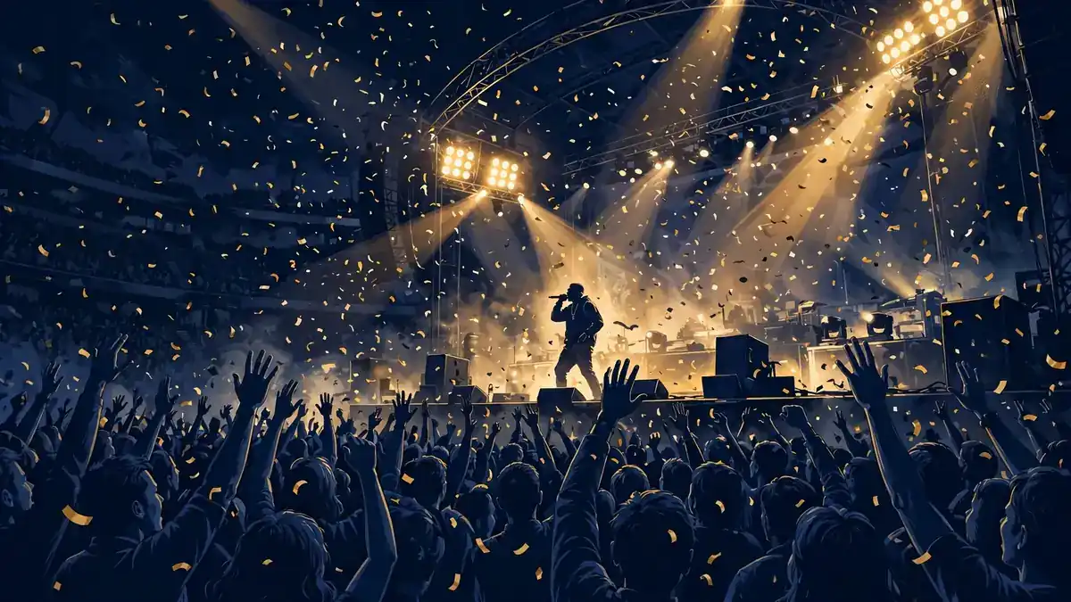 Illustration of a rapper commanding a huge arena stage under gold spotlights, tying to Eminem's commanding stage presence despite standing 5'8