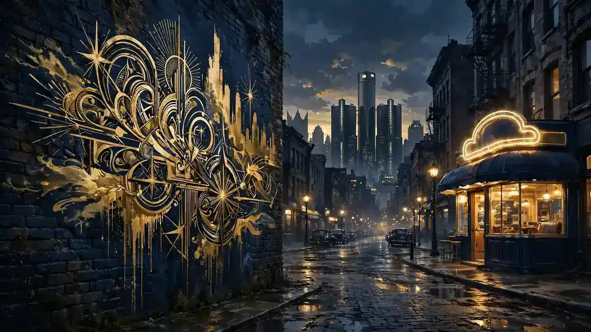 Moody illustrated Detroit street at dusk with a gold mural wall, evoking the city where Eminem grew up and built his career