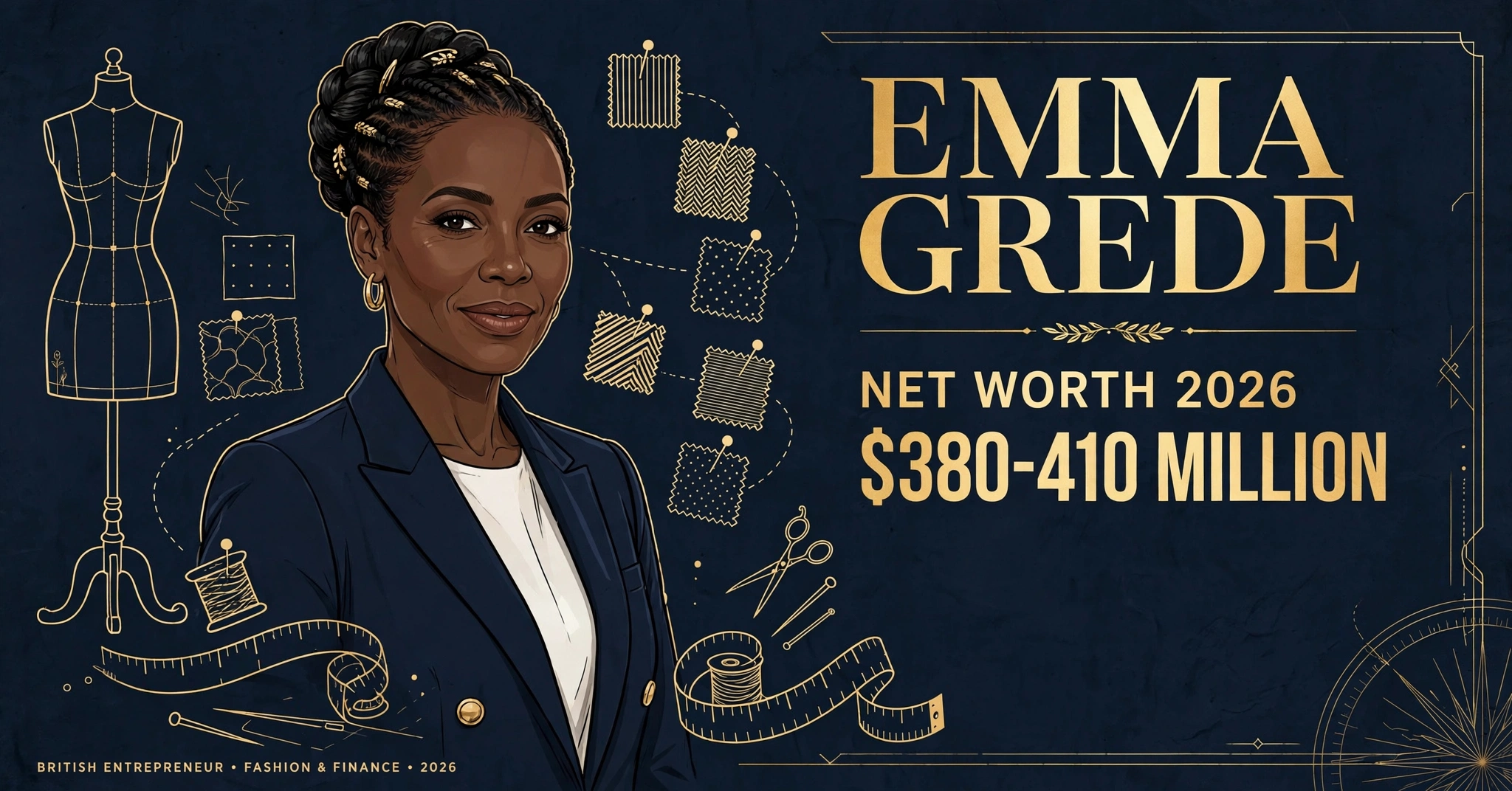 Emma Grede net worth 2026 — estimated $380 to $410 million fortune infographic