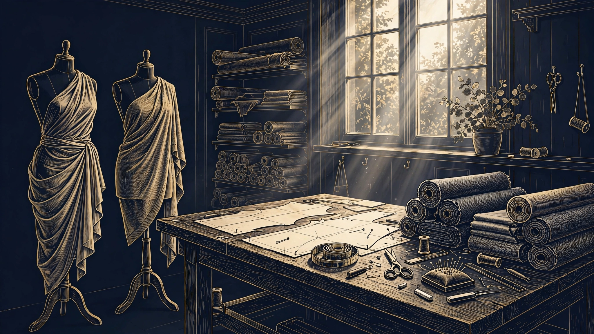 Illustrated fashion atelier workroom with dress forms, fabric rolls, and pattern-cutting table in navy and gold