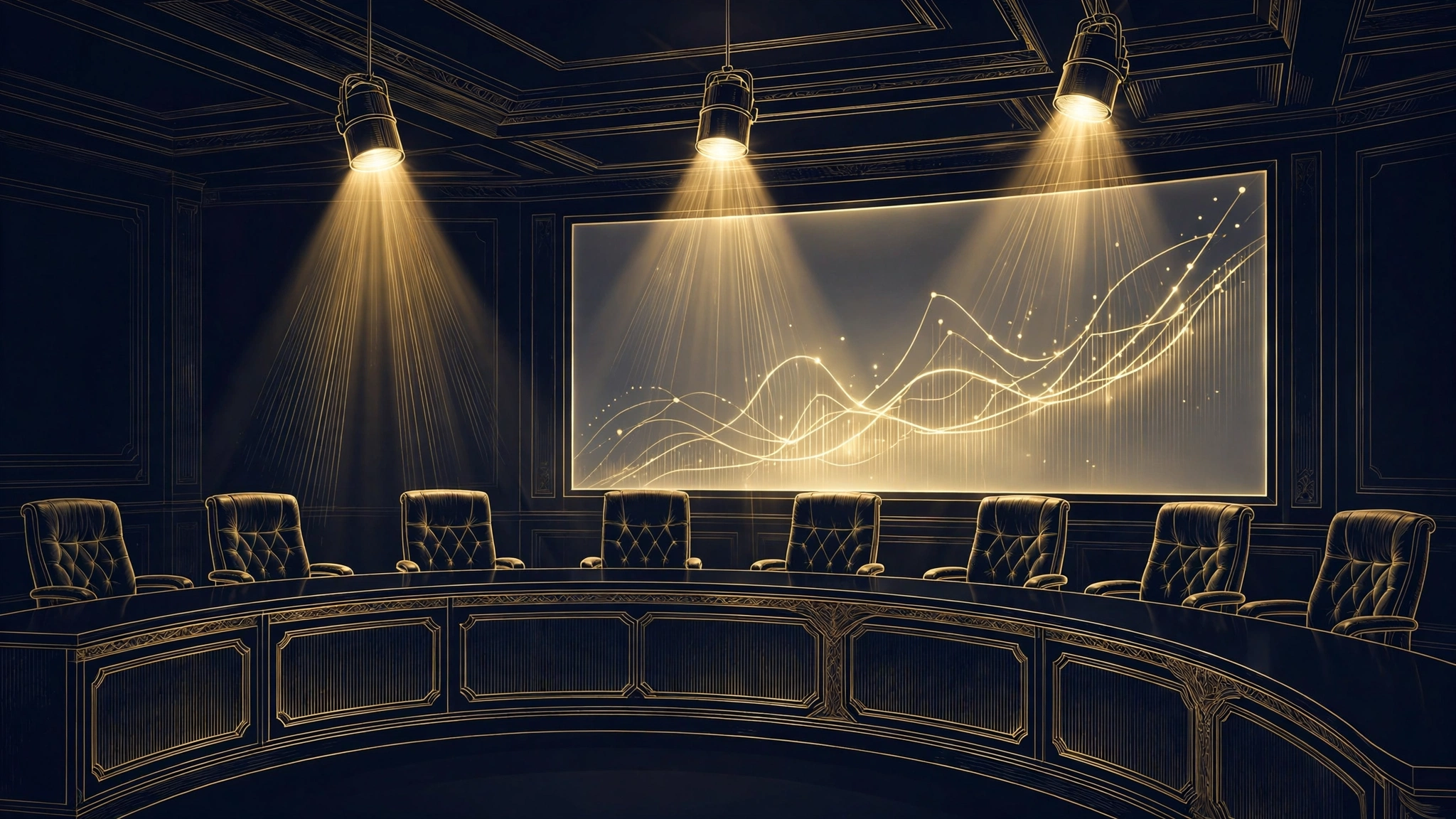 Illustrated television investment-show boardroom set with curved desk and glowing charts in navy and gold