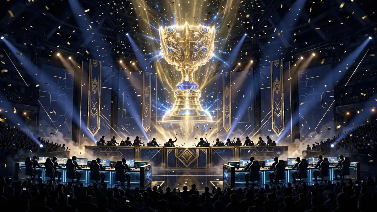 Illustrated esports arena stage with a glowing Summoner's Cup hologram above the gaming booths, in Faker's honor