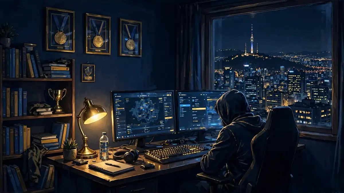 Illustrated nighttime training room in Seoul with a lone gamer at glowing monitors, medals on the wall, and books on the shelf