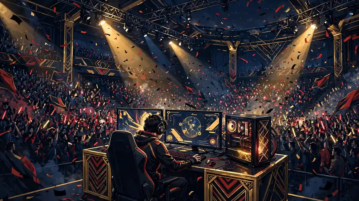 Illustrated esports arena stage with a player at a glowing gaming PC before a huge crowd