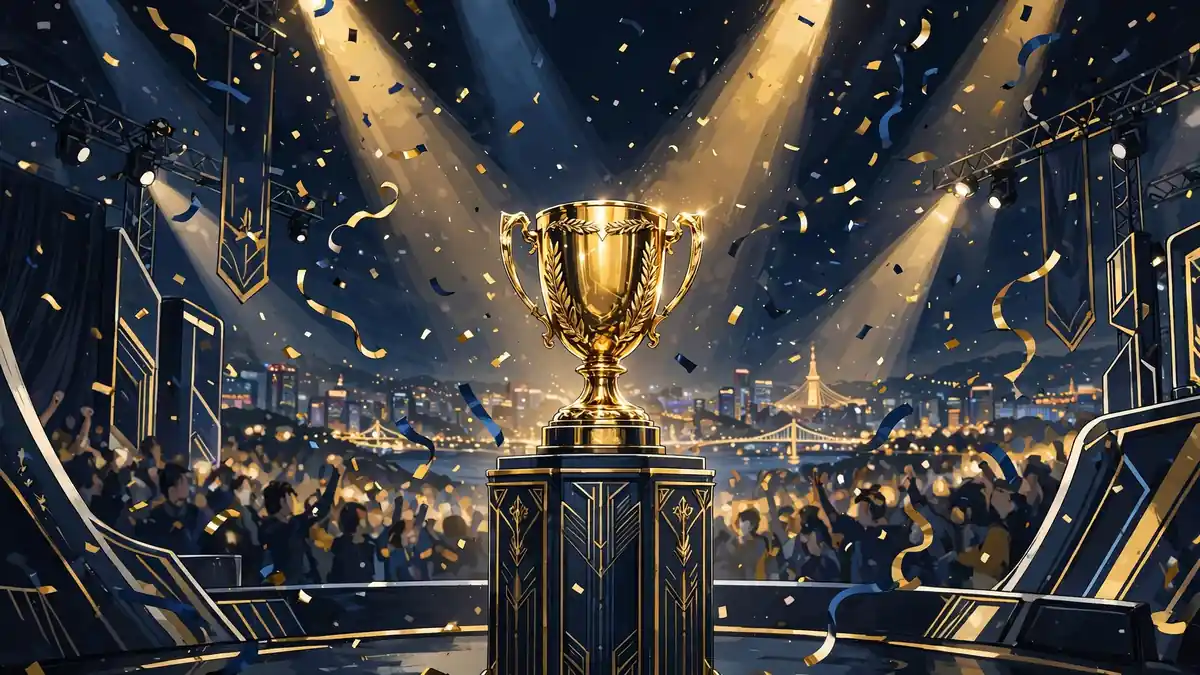 Illustrated golden championship trophy on a stage under spotlights and confetti