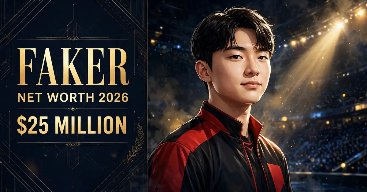 Faker net worth 2026 — stylized illustrated portrait of Faker, FAKER NET WORTH 2026 $25 MILLION text