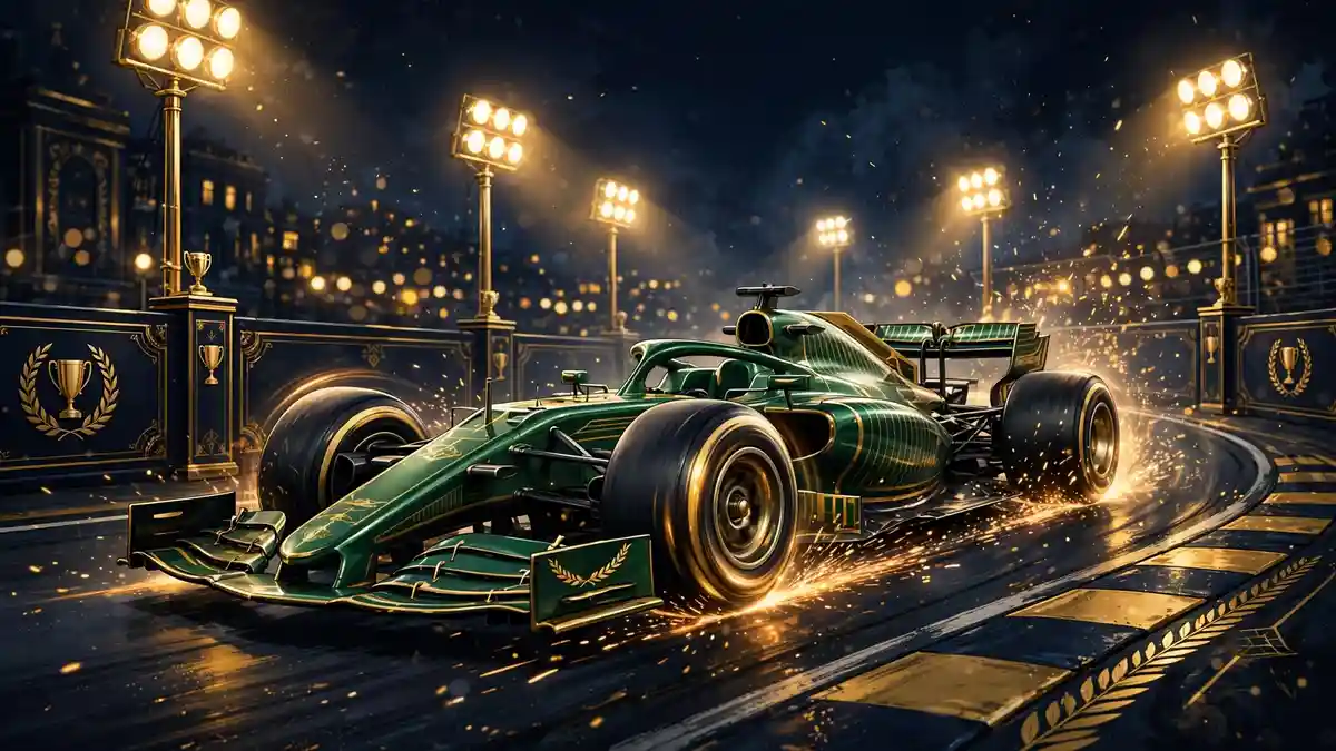 Illustrated Formula 1 night race scene in dark navy and gold, tying to Fernando Alonso's racing career earnings