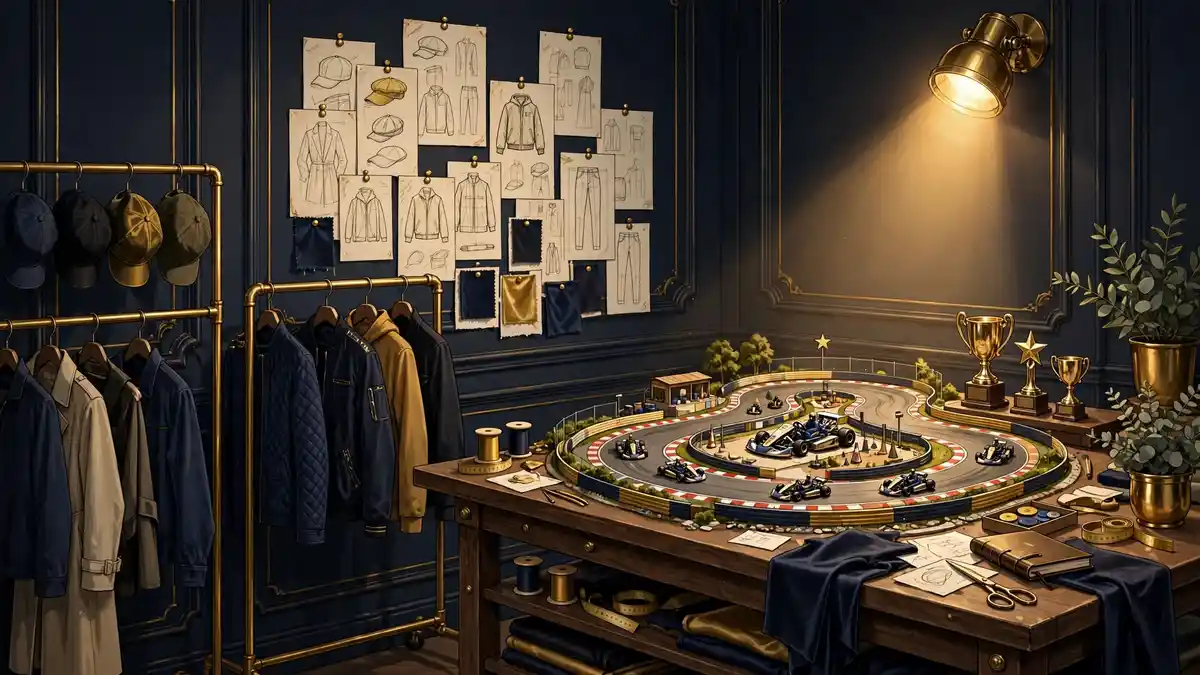 Illustrated fashion atelier and karting circuit model in dark navy and gold, tying to Fernando Alonso's Kimoa brand and business ventures