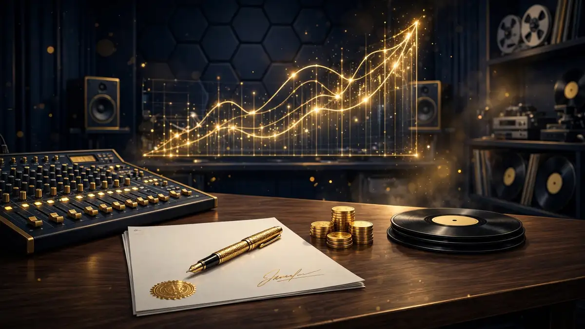Illustration of a recording studio desk with a signed catalog contract, vinyl records and rising gold royalty charts