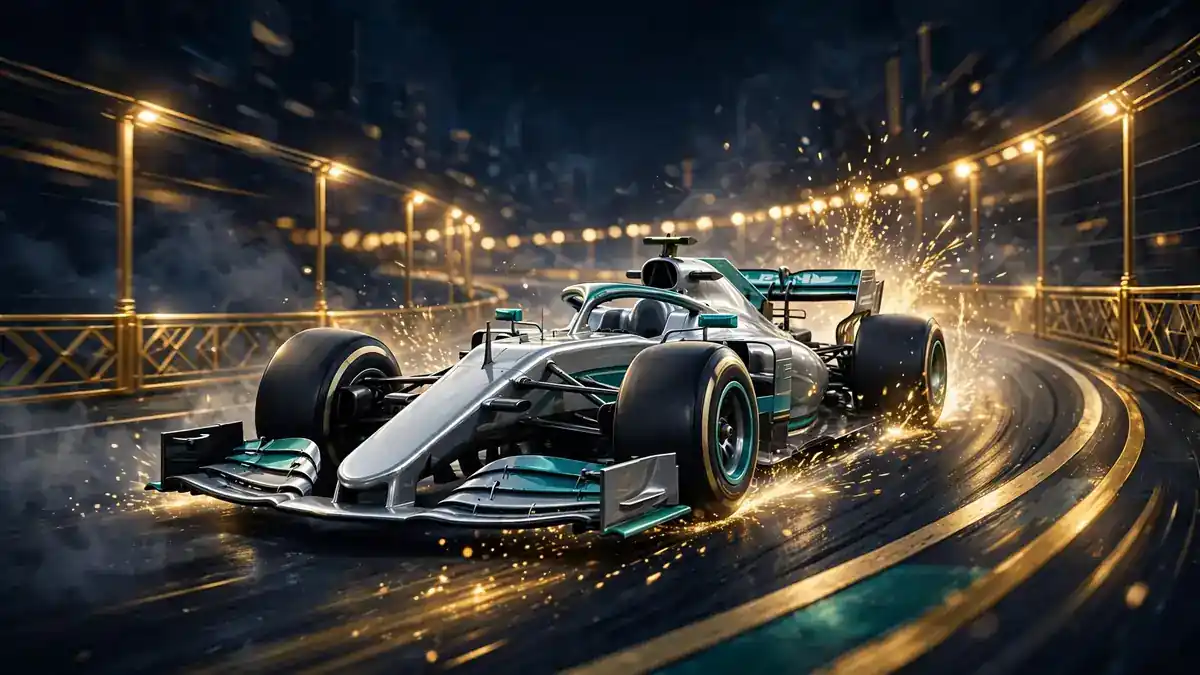Illustrated silver Formula 1 car with teal accents racing through a night circuit corner in navy and gold tones