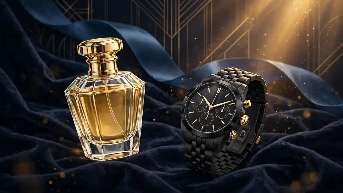 Illustrated luxury perfume bottle and black ceramic chronograph watch on dark velvet in navy and gold tones