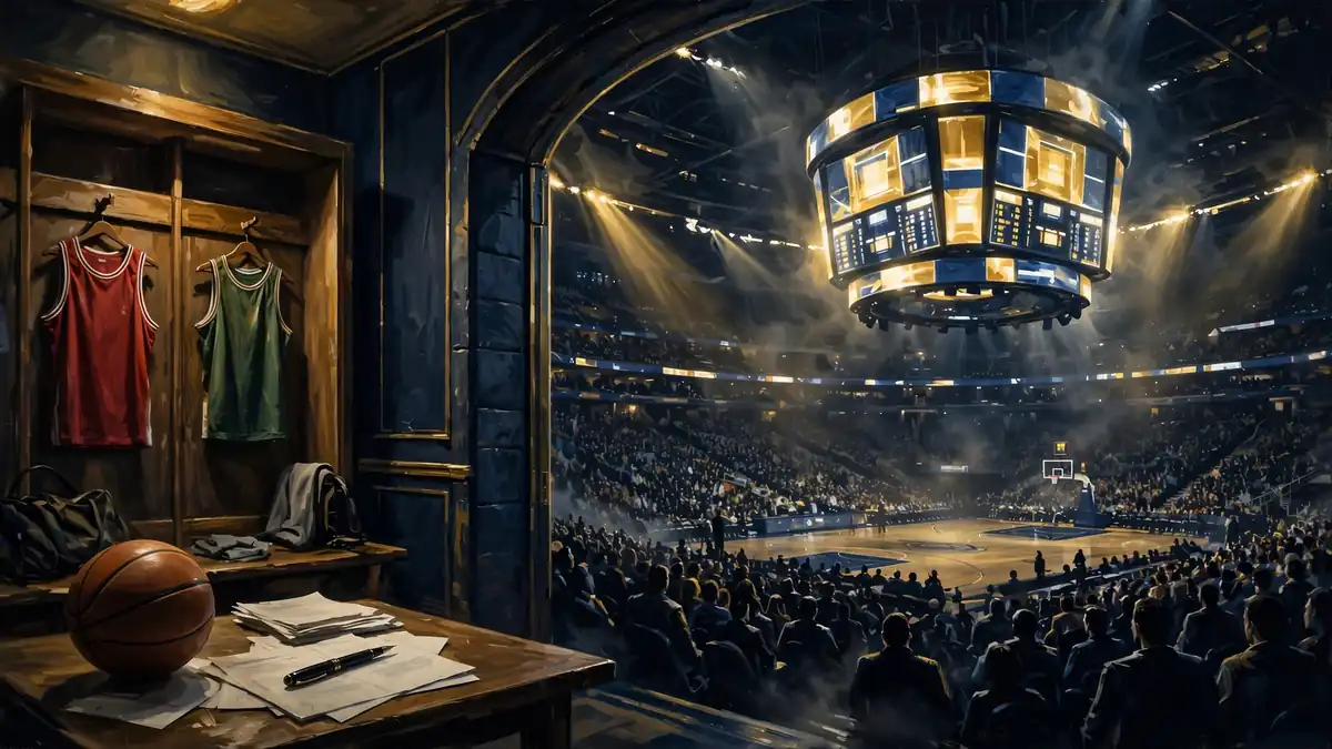 Illustrated scene of a blockbuster NBA trade night in a packed arena, tied to Giannis Antetokounmpo's 2026 move to Miami