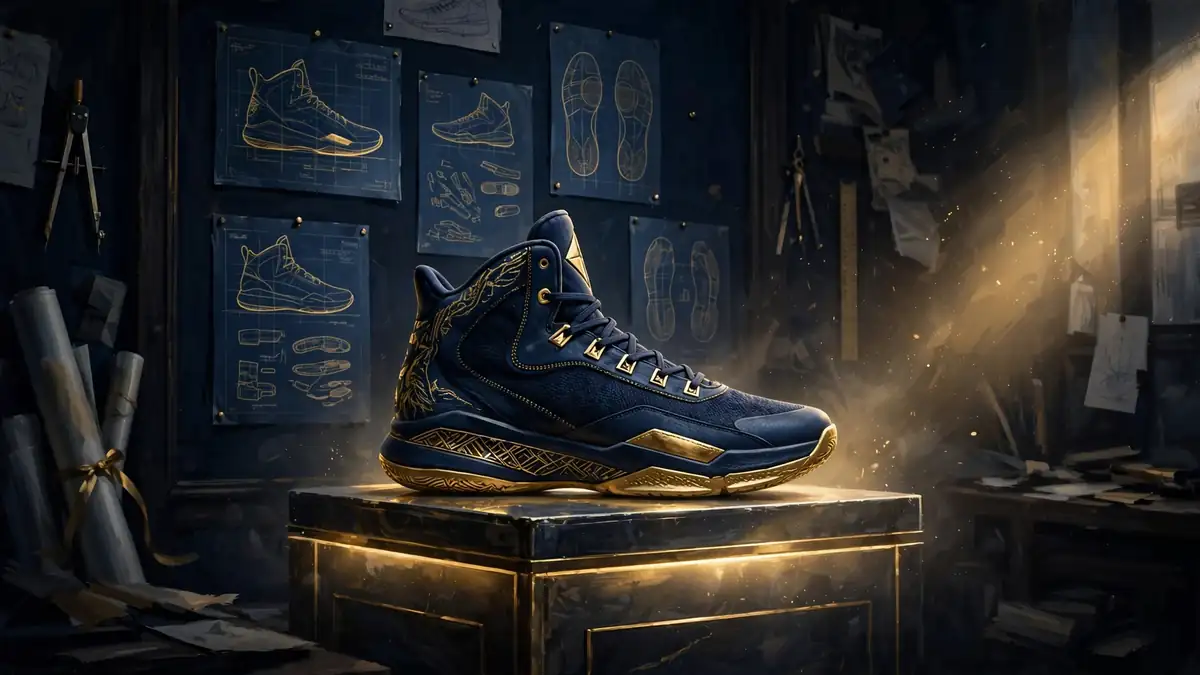 Illustrated scene of a premium basketball sneaker on a glowing pedestal in a design studio, tied to Giannis Antetokounmpo's Nike Zoom Freak line
