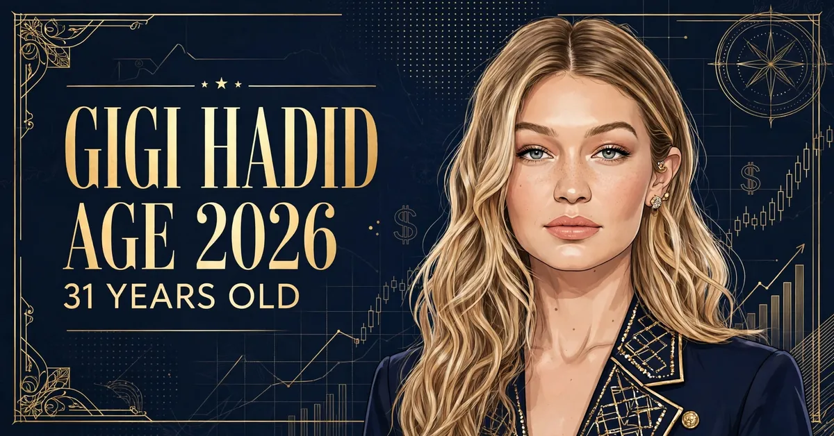 Gigi Hadid age 2026 — stylized illustrated portrait of the supermodel with GIGI HADID AGE 2026 31 YEARS OLD text