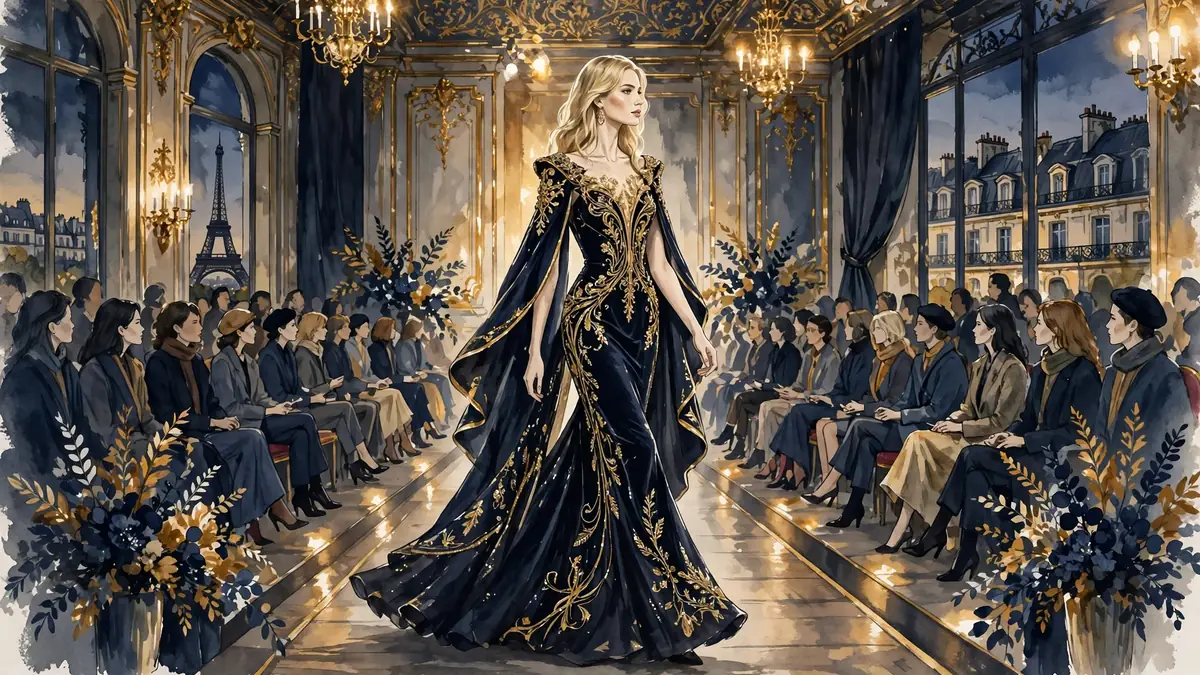 Illustrated Paris fashion runway with a blonde model walking in a dark navy and gold gown before a seated audience, in dark navy and gold tones