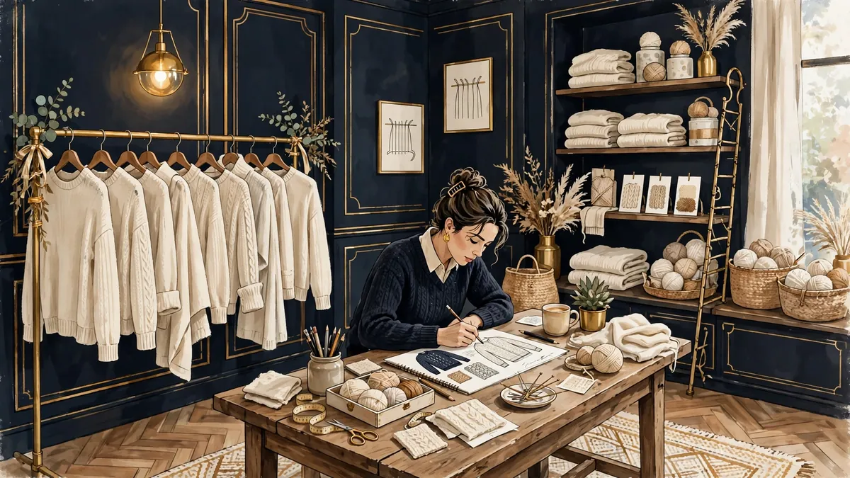 Illustrated luxury cashmere knitwear studio with cream sweaters on a rail and a designer sketching knitwear at a wooden table, in dark navy and gold tones