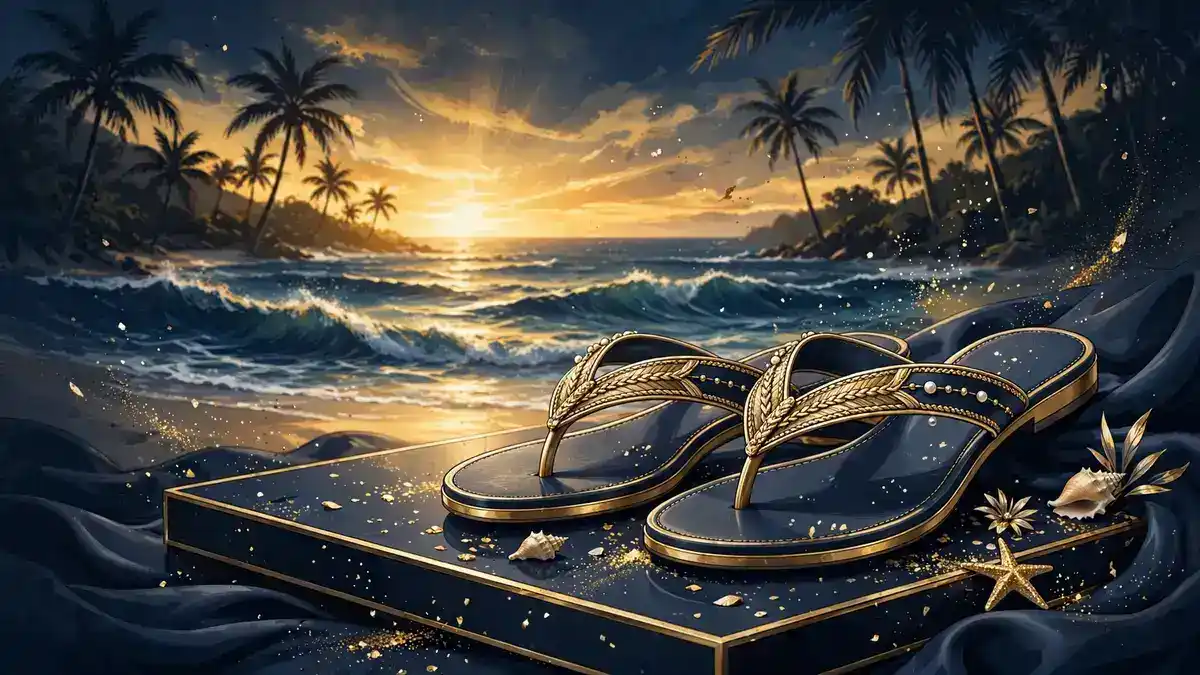 Illustrated Brazilian beach at sunset with luxury gold-accented sandals, representing Gisele Bündchen's Ipanema licensing deal