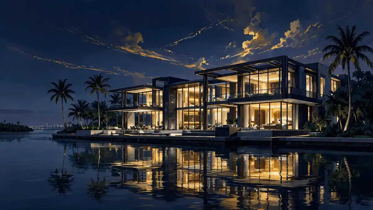 Illustrated modern glass waterfront mansion with palm trees at dusk, representing Gisele Bündchen's Florida real estate portfolio