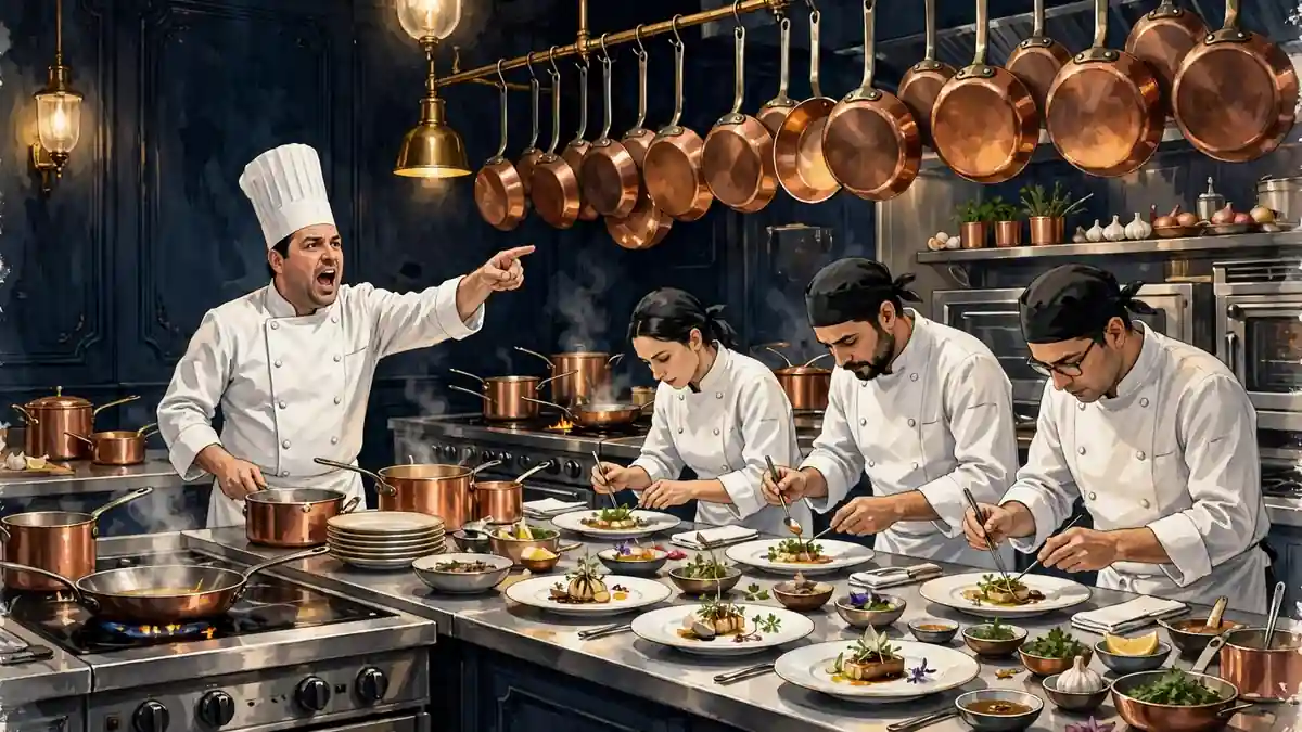 Illustrated three-Michelin-star restaurant kitchen with chefs plating dishes at the pass
