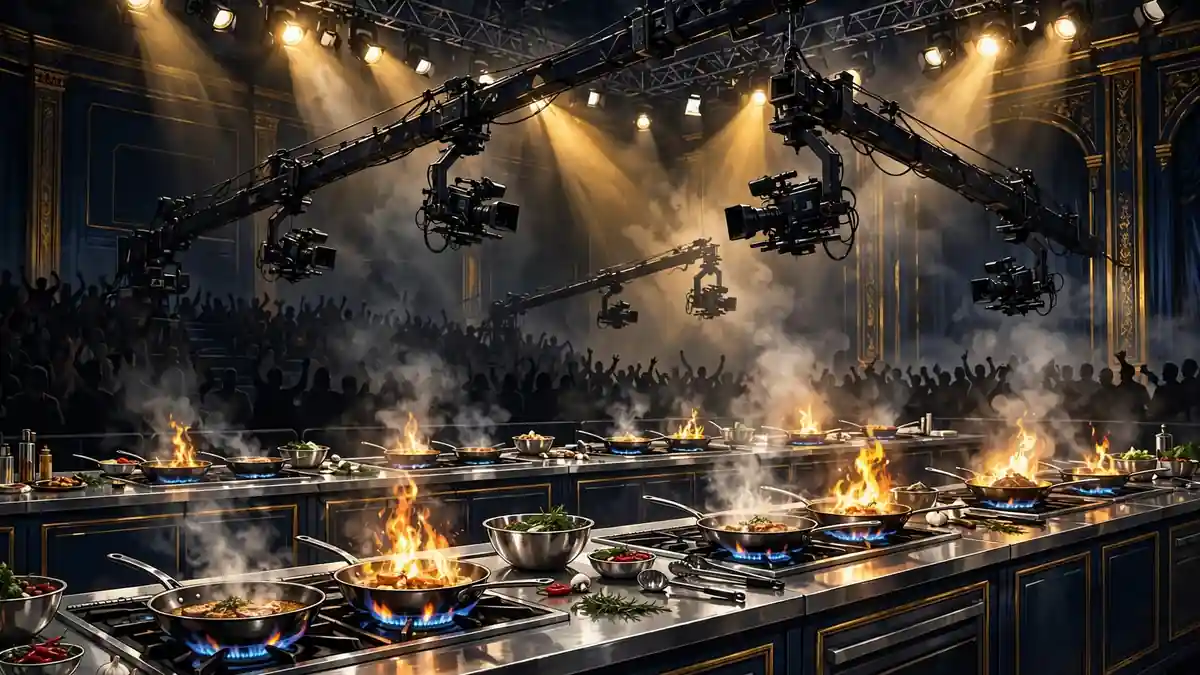 Illustrated television cooking competition studio with camera cranes and flaming pans