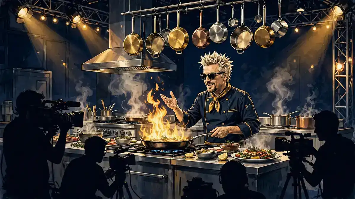 Illustrated scene of a celebrity chef hosting a lively TV cooking show set with studio cameras