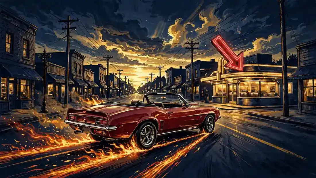 Illustrated red convertible driving toward a glowing small-town diner at dusk, the Diners Drive-Ins and Dives road-trip motif