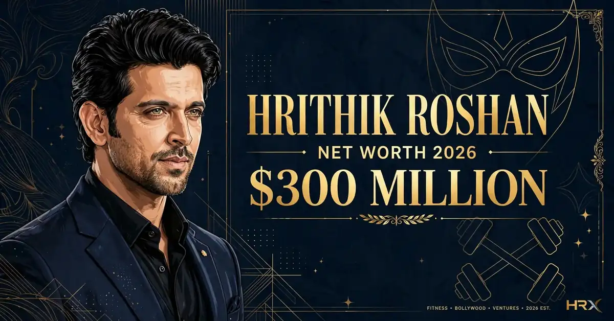 Hrithik Roshan net worth 2026 — estimated $300 to $375 million fortune infographic