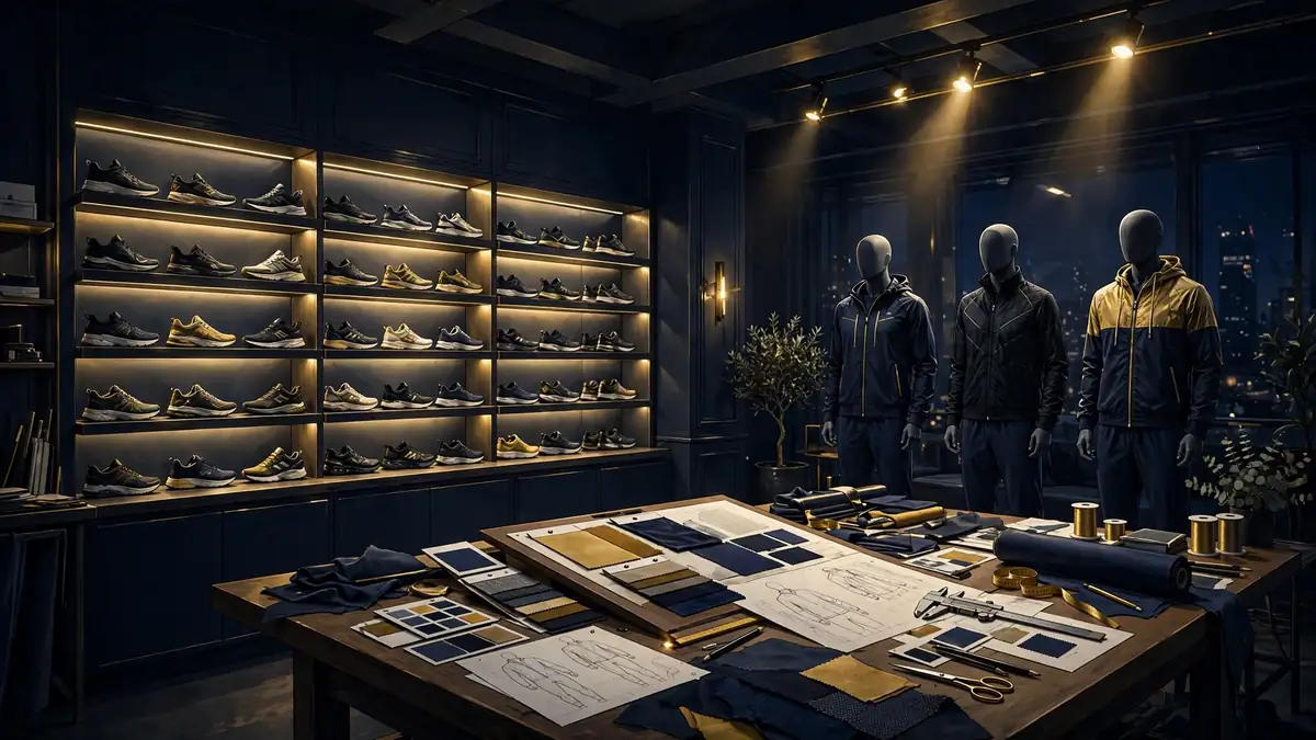 Illustration of an athleisure design studio with sneakers and apparel, representing Hrithik Roshan's HRX brand business