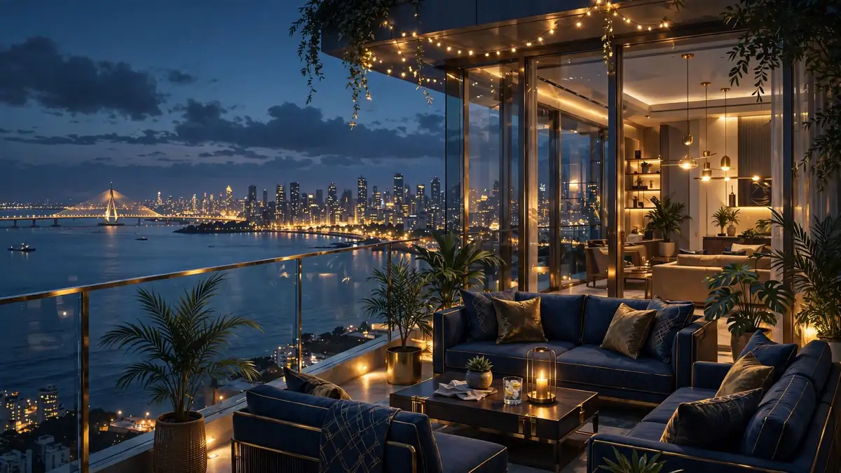 Illustration of a luxurious sea-facing Mumbai penthouse at dusk, representing Hrithik Roshan's Juhu property portfolio