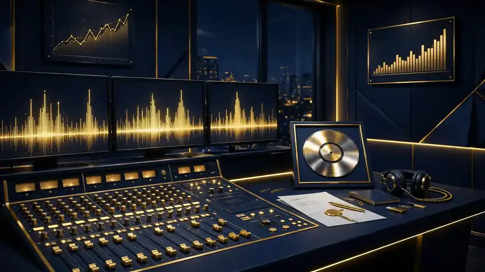 Recording studio desk with gold record and signed contract illustrating Ice Spice's record deal economics