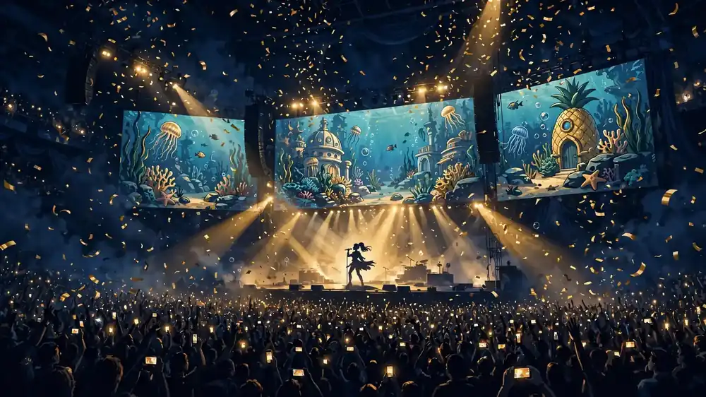 Arena stage with underwater-themed LED screens and golden confetti, representing Ice Spice's viral 2026 comeback