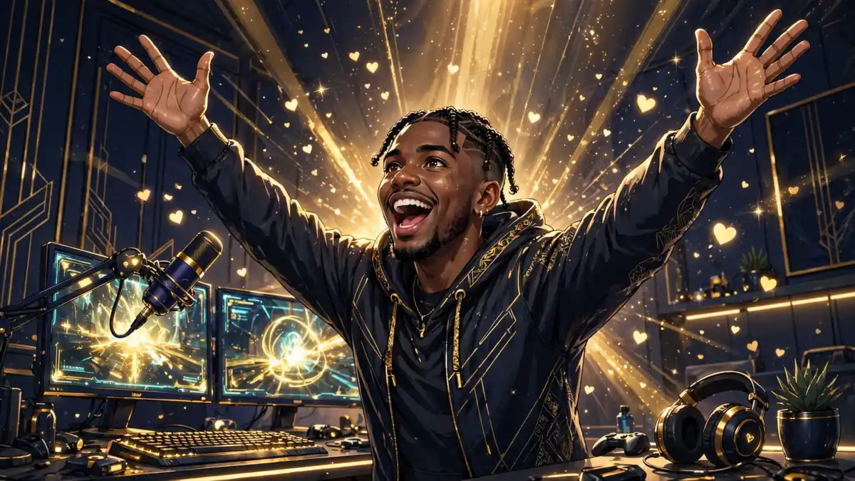 Illustration of IShowSpeed celebrating mid-livestream at his gaming setup