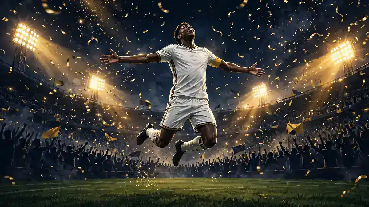 Illustration of a footballer performing the SIUU celebration on a packed stadium pitch at night