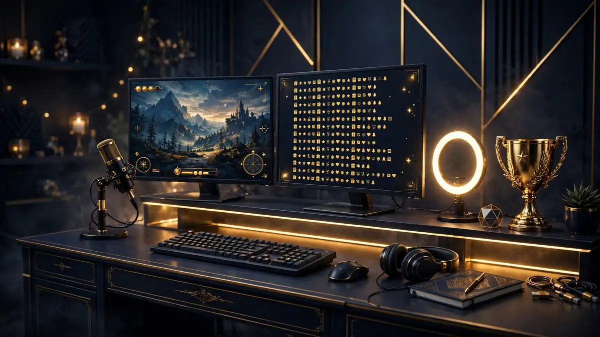 Illustrated professional livestreaming studio desk with monitors, microphone and donation alerts, in IShowSpeed's streaming context