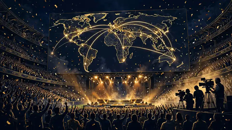 Illustrated stadium crowd at night with world tour route lines across a glowing map, in IShowSpeed's global tour context
