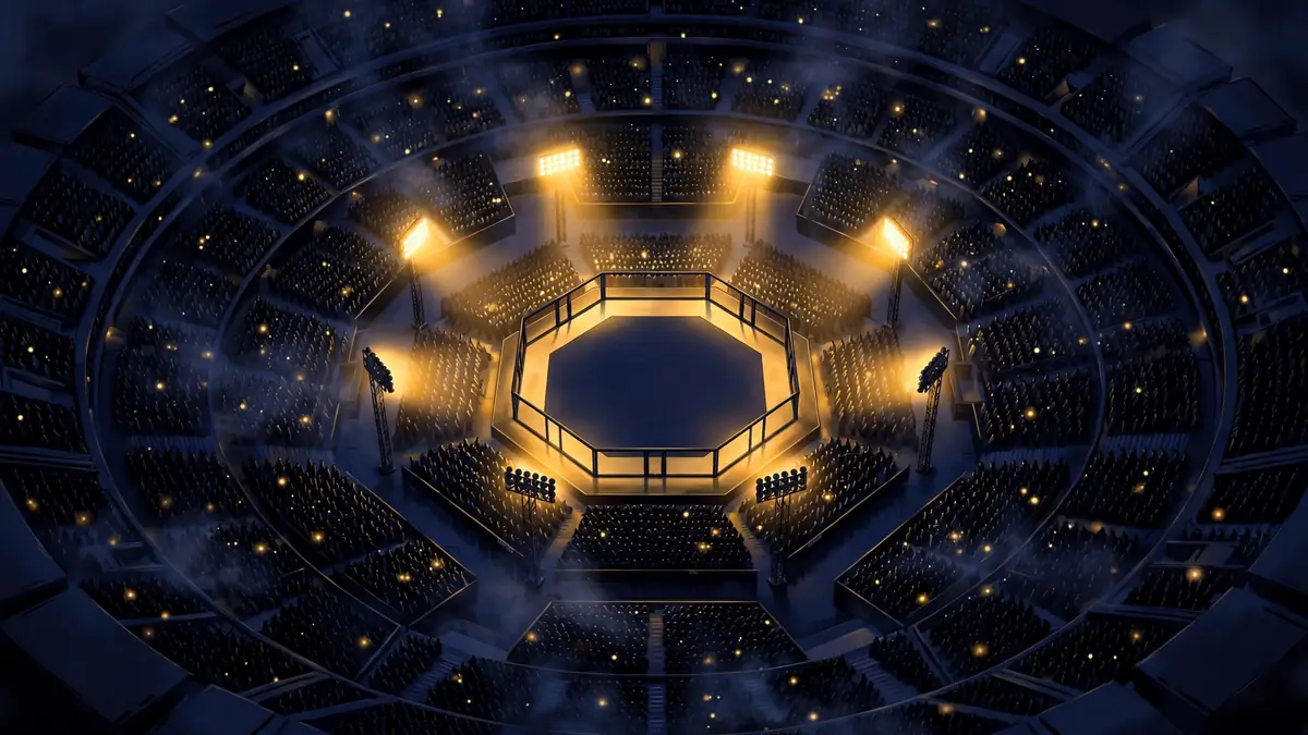 UFC octagon glowing under golden floodlights at night before a packed crowd, illustrating Makhachev's championship paydays