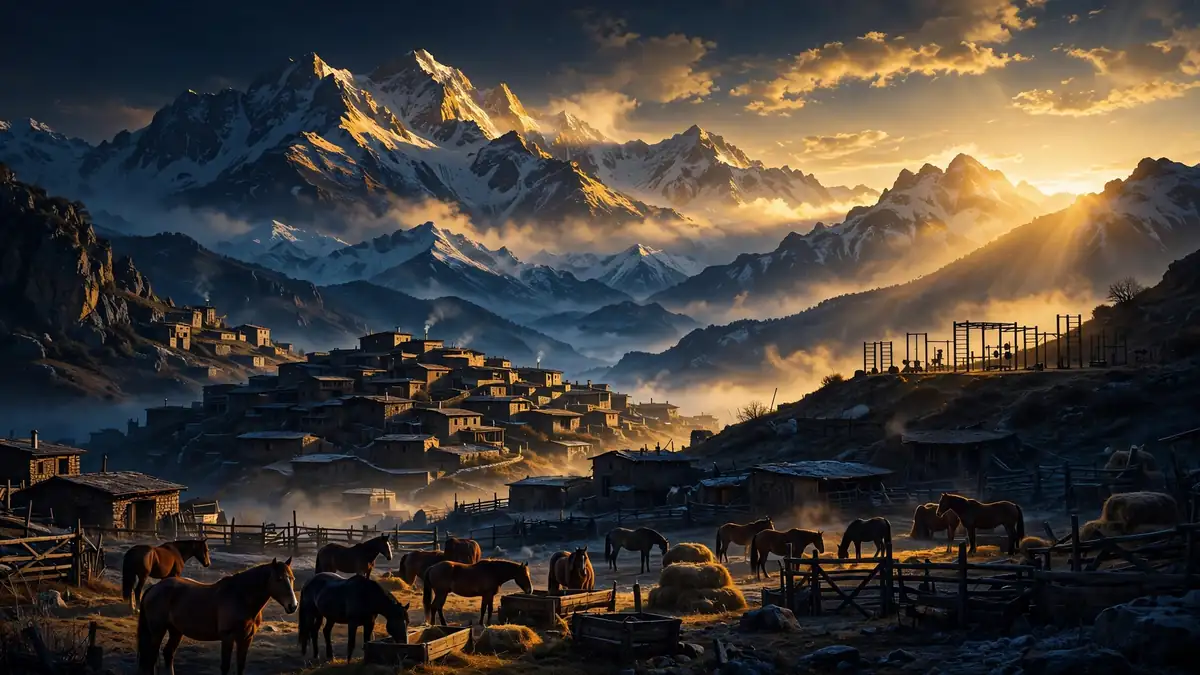 Dagestan mountain village at dawn with a livestock farm, illustrating Makhachev's roots and modest lifestyle